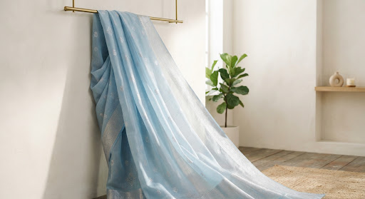 Pastel Blue Handwoven Chanderi Cotton Silk available through Smart