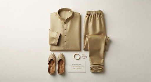 Silk Blend Kurta Set in Muted Gold available through Smart
