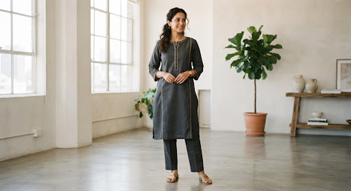 Embroidered Straight Charcoal Kurta Set available through Smart