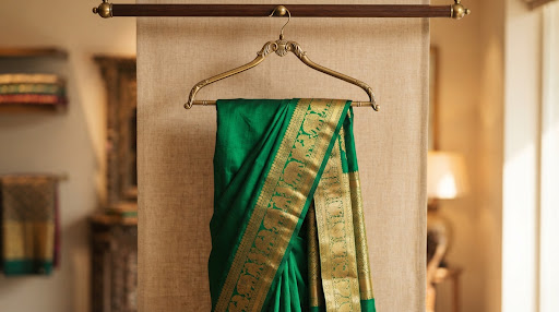 Emerald Green Temple Border Kanjivaram available through Smart