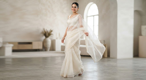 Ivory Sheer Organza with Pearl Details available through Smart