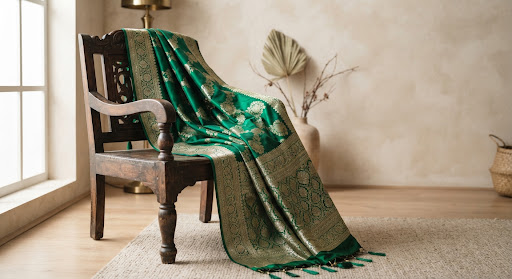 Banarasi Silk Woven Saree in Deep Emerald available through Smart